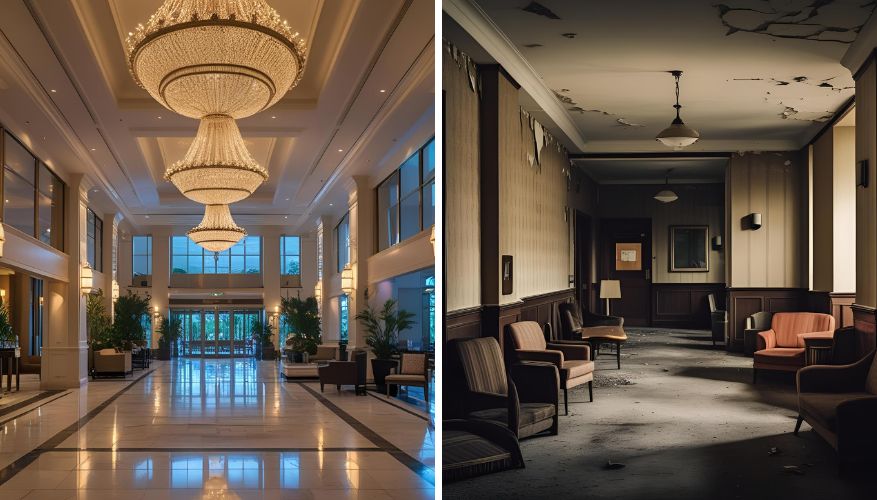 comparison of a very fancy hotel lobby to a dark, dingy room